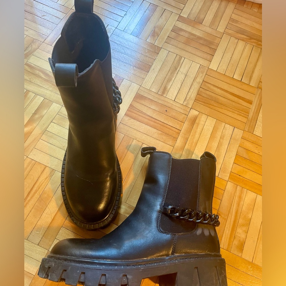 Black Leather Ankle Boots with Chain Detail